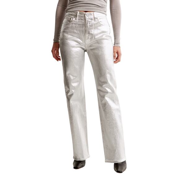 Abercrombie & Fitch 90s High Rise Relaxed Jean Straight Leg Silver Size 33 / 16 - Picture 1 of 8